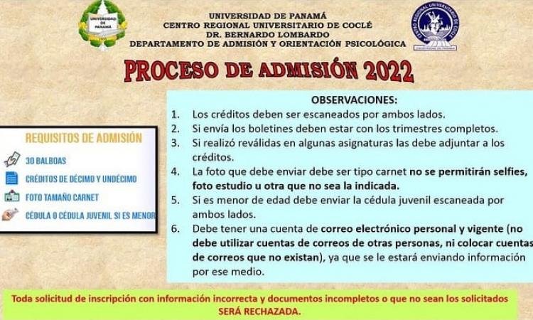 EL Centro Regional Universitario de Coclé anuncia requisitos para el proceso de admisión 2022